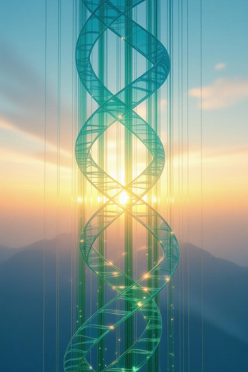 Gouden zonlicht dat door een transparante DNA-spiraal stroomt boven berglandschap – symbool voor de Gouden Tijd, de nieuwe blauwdruk van vitaliteit, technologie en bewustzijn. Beeld van het Wealth Grid Opportunities-veld van PureAgma / AO Scan Europe™, waarin frequenties, energie en innovatie samensmelten tot coherente welvaart.